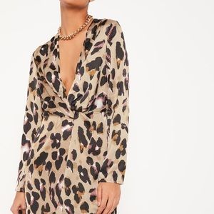 Leopard Print Satin Wrap Dress